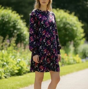 Zara Trafaluc Bishop Sleeve Floral Mock Neck Dress
